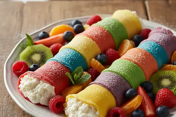 Tęczowe Naleśniki-Gąsieniczki z Twarożkiem i Owocami