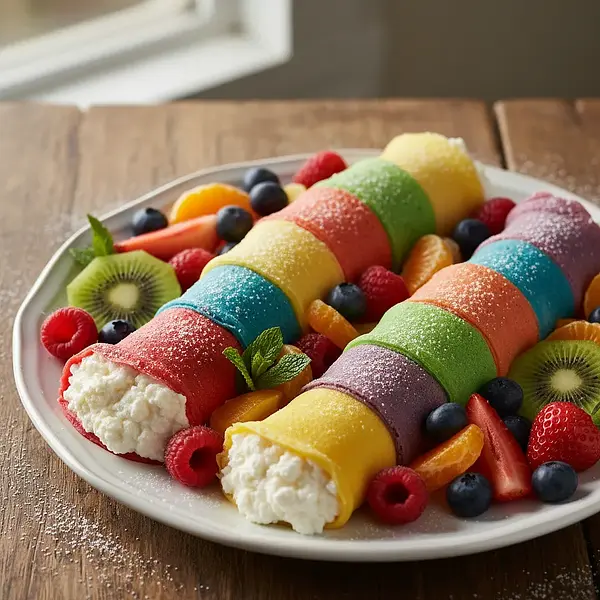 Tęczowe Naleśniki-Gąsieniczki z Twarożkiem i Owocami