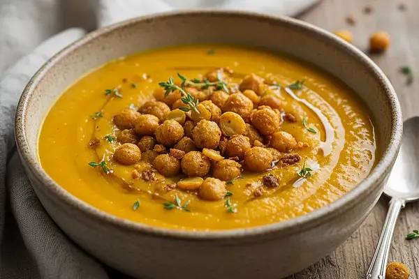 Kremowa zupa z pieczonej dyni i marchewki z chrupiącą ciecierzycą