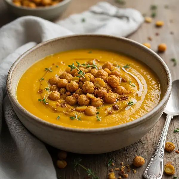 Kremowa zupa z pieczonej dyni i marchewki z chrupiącą ciecierzycą