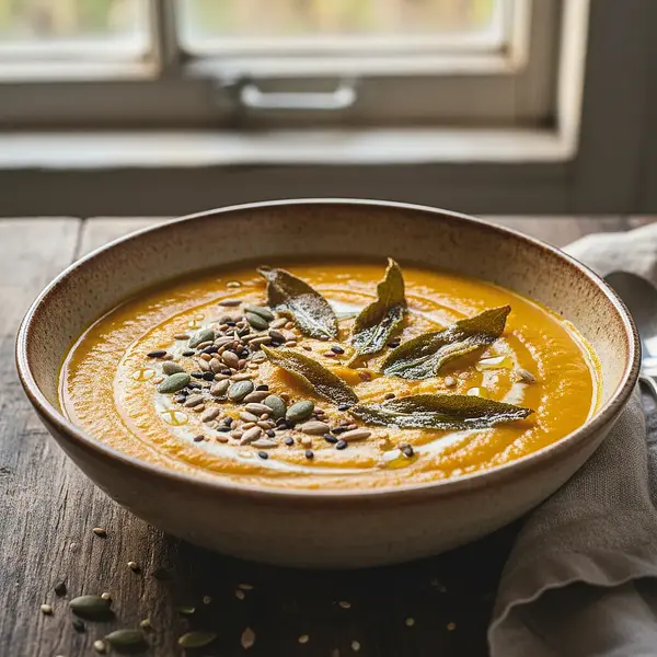 Aksamitny krem z pieczonej dyni z chipsem z szałwii i prażonymi pestkami