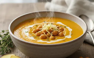 Aksamitny Krem z Pieczonej Dyni i Marchewki z Chrupiącą Ciecierzycą i Nutą Imbiru