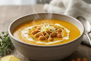 Aksamitny Krem z Pieczonej Dyni i Marchewki z Chrupiącą Ciecierzycą i Nutą Imbiru