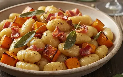 Kremowe gnocchi z palonym masłem szałwiowym, pieczoną dynią i chrupiącą pancettą