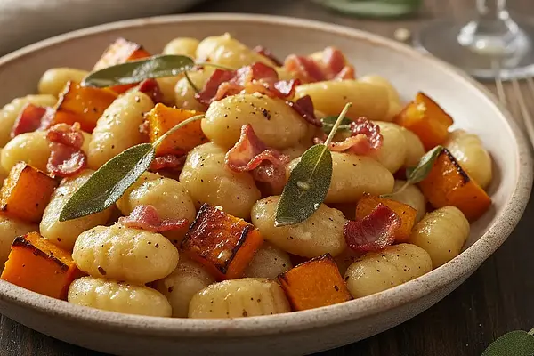 Kremowe gnocchi z palonym masłem szałwiowym, pieczoną dynią i chrupiącą pancettą