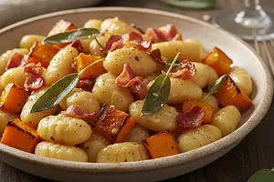 Kremowe gnocchi z palonym masłem szałwiowym, pieczoną dynią i chrupiącą pancettą