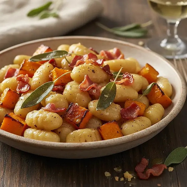 Kremowe gnocchi z palonym masłem szałwiowym, pieczoną dynią i chrupiącą pancettą