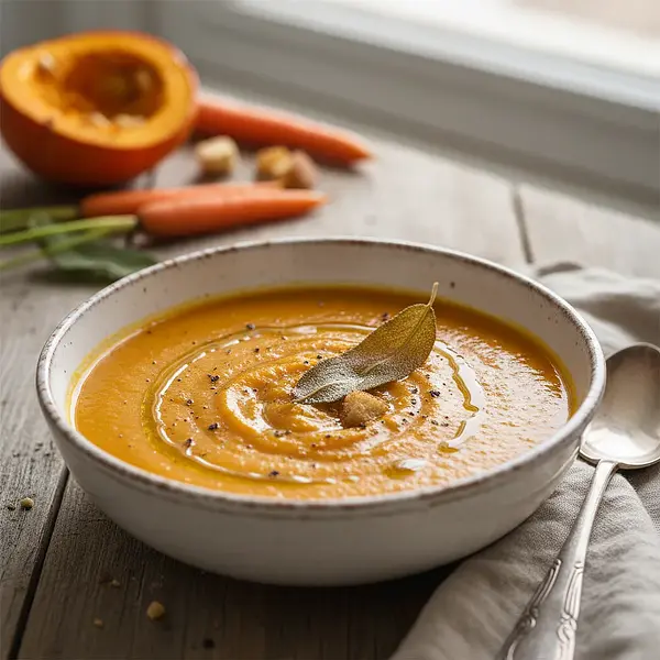 Aksamitny krem z pieczonej dyni i marchewki z chipsem z szałwii