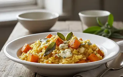 Kremowe risotto z pieczoną dynią, szałwią i serem gorgonzola