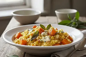 Creamy risotto with roasted pumpkin, sage, and gorgonzola cheese