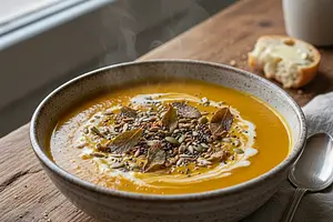 Velvety roasted pumpkin cream with crispy sage and toasted seeds