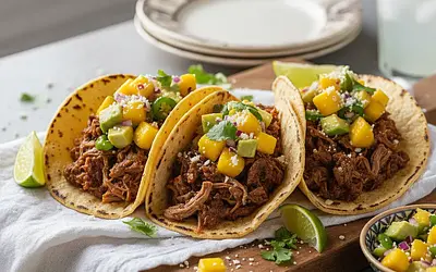Tacos z Szarpaną Wołowiną Barbacoa i Salsą z Mango i Awokado