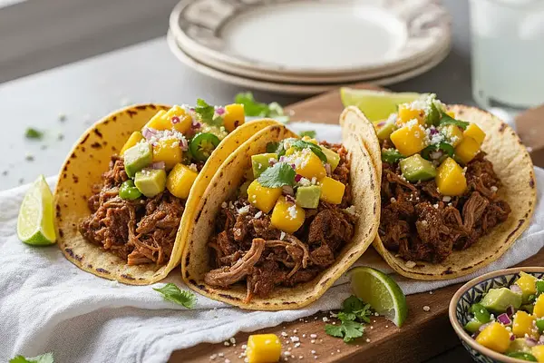 Tacos z Szarpaną Wołowiną Barbacoa i Salsą z Mango i Awokado