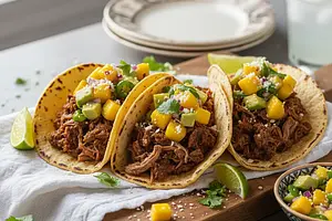 Tacos z Szarpaną Wołowiną Barbacoa i Salsą z Mango i Awokado