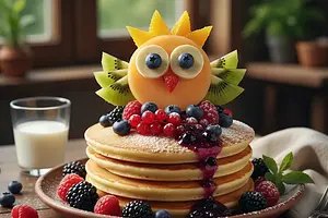 Forest Blueberry Pancakes with Owl Made of Fruit