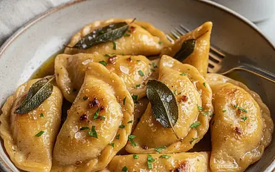 Baked Dumplings with Pumpkin, Sage, and Ricotta Cheese in Brown Butter Sauce