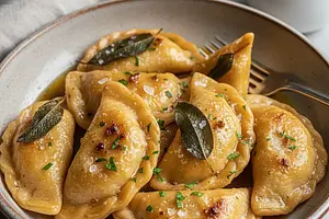 Pieczone Pierogi z Dynią, Szałwią i Serem Ricotta w Sosie z Palonego Masła