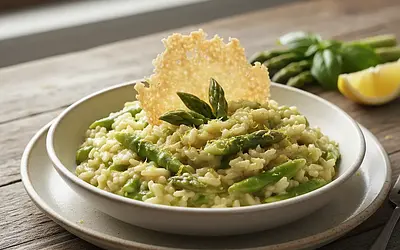 Kremowe risotto ze szparagami, chipsem parmezanowym i nutą cytrynową