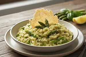 Kremowe risotto ze szparagami, chipsem parmezanowym i nutą cytrynową