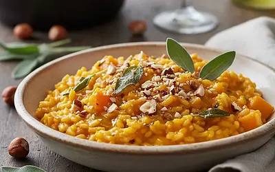 Creamy risotto with butternut squash, sage, and toasted hazelnuts