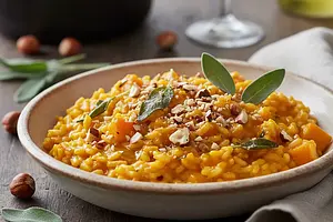 Creamy risotto with butternut squash, sage, and toasted hazelnuts