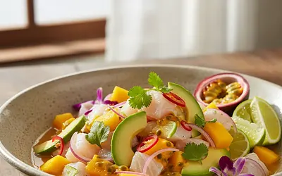 Mango and Avocado Ceviche with Spicy Passion Fruit