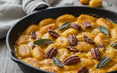 Pieczone Gnocchi z Kremowym Sosem Dyniowym, Szałwią i Karmelizowanymi Orzechami Pekan