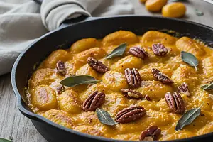 Baked Gnocchi with Creamy Pumpkin Sauce, Sage, and Caramelized Pecans