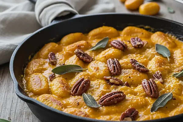 Pieczone Gnocchi z Kremowym Sosem Dyniowym, Szałwią i Karmelizowanymi Orzechami Pekan