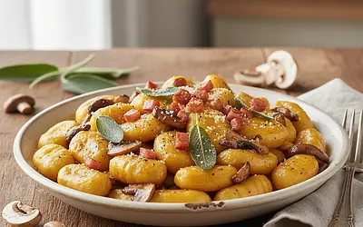 Kremowe Gnocchi Dyniowe z Szałwiowym Masłem, Grzybami Leśnymi i Chrupiącą Pancettą