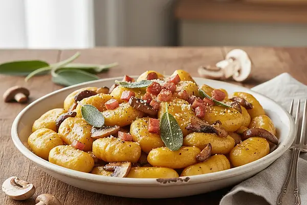 Kremowe Gnocchi Dyniowe z Szałwiowym Masłem, Grzybami Leśnymi i Chrupiącą Pancettą