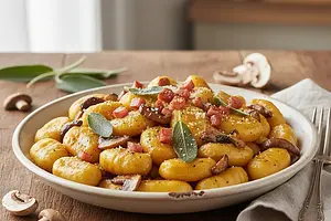 Kremowe Gnocchi Dyniowe z Szałwiowym Masłem, Grzybami Leśnymi i Chrupiącą Pancettą