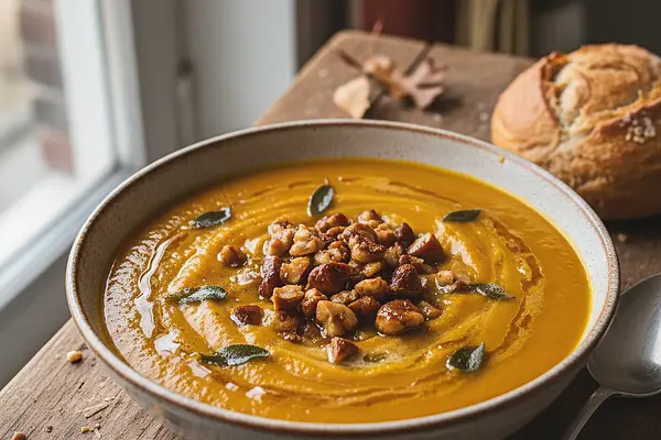 Kremowa zupa dyniowa z pieczonymi kasztanami i szałwiowym masłem
