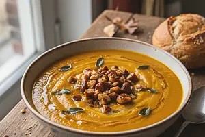 Kremowa zupa dyniowa z pieczonymi kasztanami i szałwiowym masłem