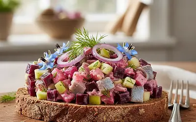 Tatar ze śledzia z burakiem i jabłkiem na pumperniklu