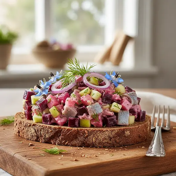 Tatar ze śledzia z burakiem i jabłkiem na pumperniklu