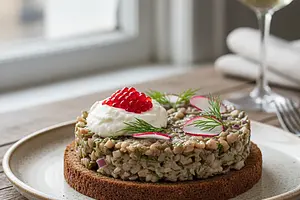 Tatar ze śledzia na pumperniklu z musem chrzanowym i kawiorem z buraka