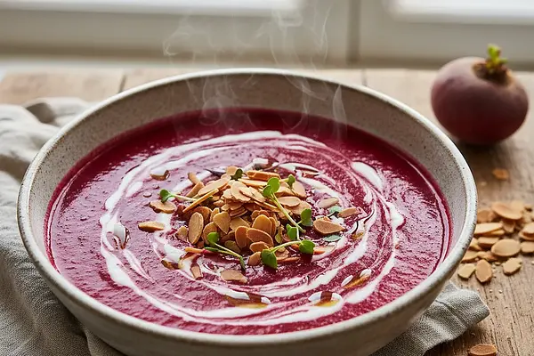 Aksamitny krem z pieczonego buraka z nutą kokosa i chrupiącymi migdałami