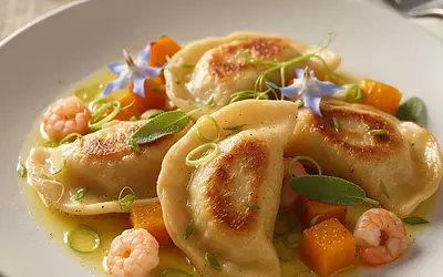 Pierogi Fusion z Dynią, Krewetkami i Trawą Cytrynową w Maśle Szałwiowym