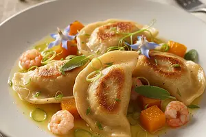 Pierogi Fusion z Dynią, Krewetkami i Trawą Cytrynową w Maśle Szałwiowym