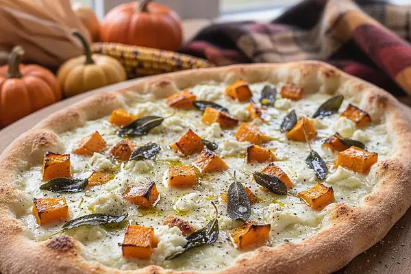 Jesienna Pizza Bianca z Pieczoną Dynią, Szałwią i Kozim Serem