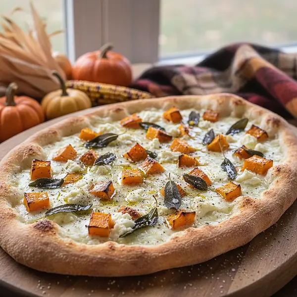 Jesienna Pizza Bianca z Pieczoną Dynią, Szałwią i Kozim Serem