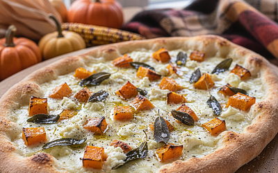 Jesienna Pizza Bianca z Pieczoną Dynią, Szałwią i Kozim Serem