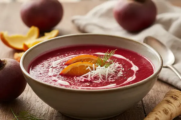 Aksamitny krem z pieczonego buraka z nutą pomarańczy i chrzanu