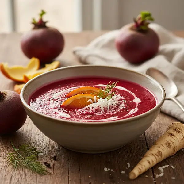 Aksamitny krem z pieczonego buraka z nutą pomarańczy i chrzanu