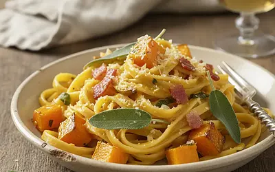 Tagliatelle z pieczoną dynią, szałwią i chrupiącym pancetta