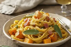 Tagliatelle z pieczoną dynią, szałwią i chrupiącym pancetta