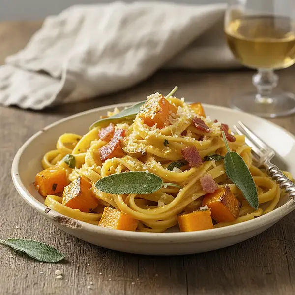 Tagliatelle z pieczoną dynią, szałwią i chrupiącym pancetta