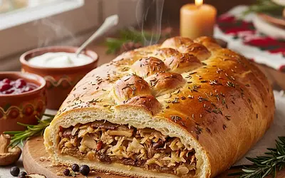 Old Polish Kulebiak for Christmas Eve with Cabbage and Mushrooms