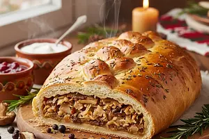 Old Polish Kulebiak for Christmas Eve with Cabbage and Mushrooms